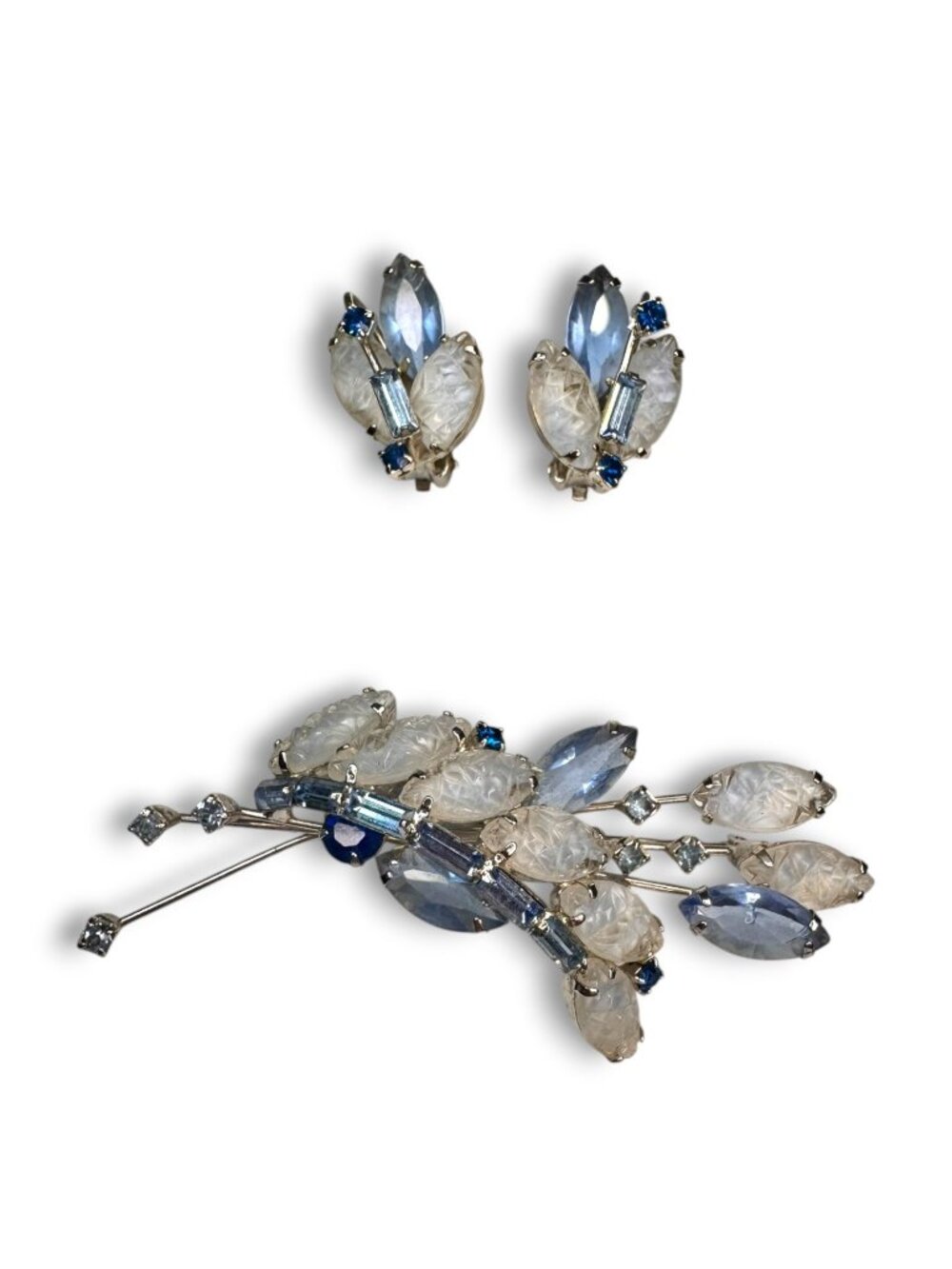 1950s Blue Crystal Molded Glass Brooch Earring Set Vintage Floral